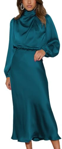 LIAOPUFUS Long Satin Dress with Ruffles Cocktail Dress for Women and Girls Autumn Elegant Loose Style Dress Long Dress, Blue sea, M