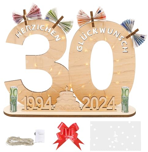 30 Geburtstag Frauen Männer Geschenk mit Geschenktasche& Schleife&Led Lichterkette,Geldgeschenke Geburtstag 30,Geschenke zum 30 Geburtstag Frau Mann Deko 1994-2024 Holzschild Gästebuch 30. Geburtstag