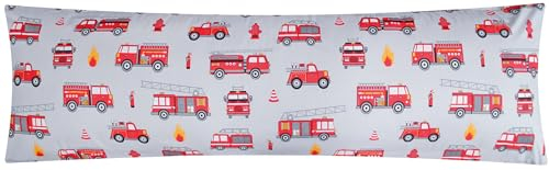 Heubergshop Renforcé Seitenschläferkissen Bezug 40x145cm - Feuerwehr grau rot - 100% Baumwolle, Kissenbezug, Kinder (EW Feuerwehr Grau)