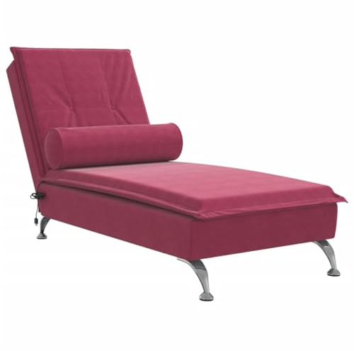 vidaXL Massage Chaiselongue mit Nackenrolle, Liegesessel mit Sperrholzlatten Metallbeine, Relaxliege für Wohnzimmer, Liegestuhl, Weinrot Samt