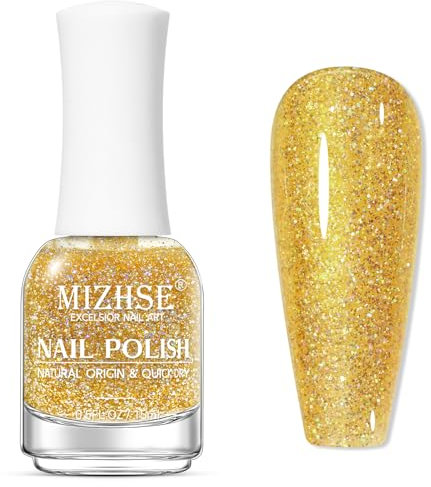 MIZHSE Glitter Nagellack Schnelltrocknend - Oil Based Nail Polish Gel Ohne UV Lampe, Langanhaltend, Schnell Trocknende Formel - Gold Glitter 15 ml