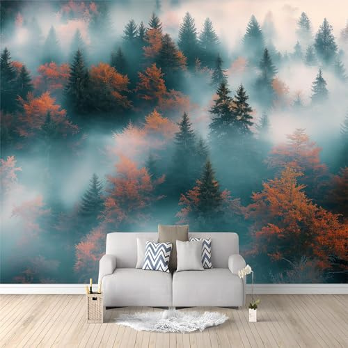 Papier Peint Panoramique Automne Forêt Nature, 350 x 256 cm Papier Peint Intissé Forêt De Pins Brumeuse Personnalisé Photo Murale pour Salon Chambre d'enfants restaurant Appartement Décoration Murale