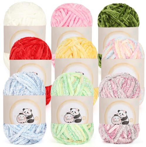Aeelike 900g(9×100g) Warme Chenille Wolle zum Häkeln, Flauschige Dicke Garn zum Handstricken mit Tasche, Samt Velvet Babywolle zum Stricken, Weich Plüschwolle für Amigurumis Babydecke