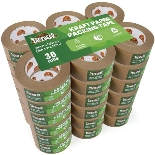 TAPEBEAR Ruban D'emballage en Papier Écologique 50mm x 50m, Recyclable Marron Ruban Adhésif D'emballage, Biodégradable Kraft Ruban Adhésif, Sans Plastique, Lot de 36