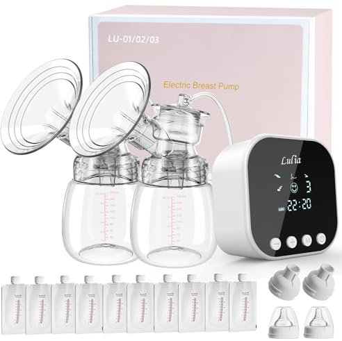 Lulia Double Electric Breast Pump Strong Suction, Portable Breast Pump Electric Breastfeeding Pump, Rechargeable Milk Pump with 4 Modes & 9 Levels, Low Noise, Anti-Backflow & LED Display, 24mm Flange