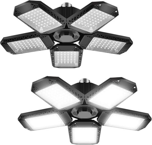 Laeomeo 150W Garage Light with 5 Adjustable Panels, 2 Pack LED Garage Lighting, 15000LM Deformable E27 LED Garage Ceiling Lighting for Garage | Workshop | Warehouse | Barn | Shop
