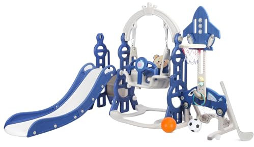 Smbcgdm Balançoire Toboggan 5 en 1 pour Enfants, Aire de Jeux autoportante bébé avec échelle antidérapante, Toboggan, balançoire, Panier Basket-Ball, Filet Football, Ensemble Lancer Bleu