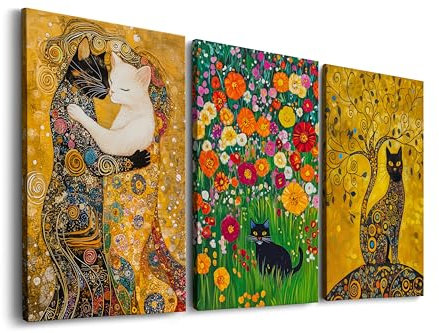 Gustav Klimt - Stampa artistica da parete su tela, motivo: gatto nero, decorazione per la camera dei gatti, dipinti famosi con riproduzione di gatti, albero della vita Klimt Il giardino del bacio, set