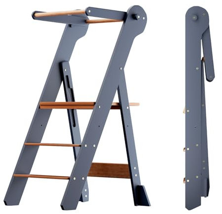 COSYLAND Kinder Lernturm klappbar - Faltbarer Holz Learning Tower - 2-Fach höhenverstellbar Küchenhelfer für Kinder von 18 Monaten bis 6 Jahren für Badezimmer, Kinderzimmer, Küche - Grau Und Holzfarbe