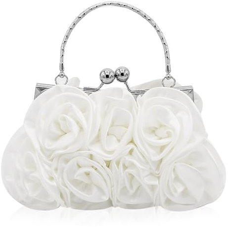Initlove Satin Flower Clutch Bags for Women Rose Evening Prom Purse Bridal Handbag for Wedding White