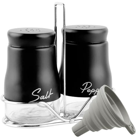 Fyfjur Saliera E Pepiera, 1 Set Saliera Da Tavola In Acciaio Inossidabile, Saliera con Supporto e Imbuto in Silicone, Saliera Da Cucina Per Zucchero, Spezie, Sale E Pepe, Nero