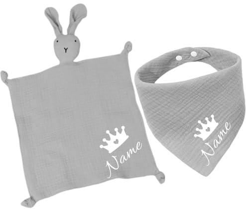 Personalisiertes Baby-Set mit Name – Dreieckstuch und Kuscheltuch – Weiches Baby-Accessoire-Set für Neugeborene und Babys – Unisex, Hautfreundlich – Perfekt zur Geburt und Taufe (Grau)