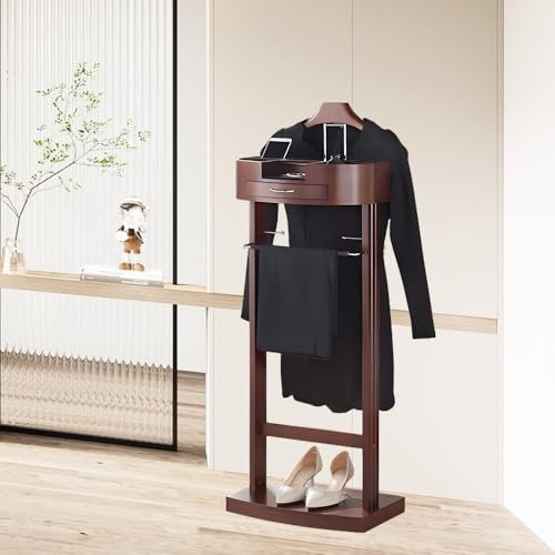 Qcesorib Stummer Diener aus Massiv Holz mit Tablett und Schublade, Freistehend Herrendiener Stummer Diener mit Breitem Schulterbügel, Herrendiener Diener Kleiderbutler mit Hosenständer
