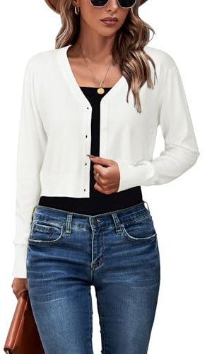 Newshows Womens Cardigan Summer Cropped Lightweight Short Cardigans Ladies V Neck Knit Buttons Bolero Shrug White,M