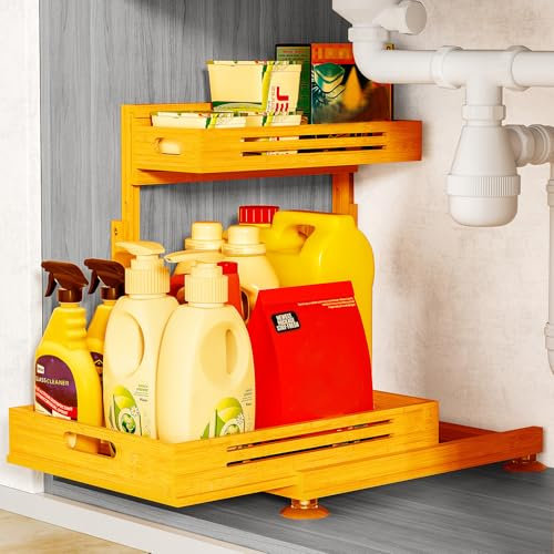 Organizzatore sotto il lavandino, in legno di bambù di alta qualità, organizer estraibile, 2 ripiani, ripiano portaoggetti per lavello da cucina, bagno