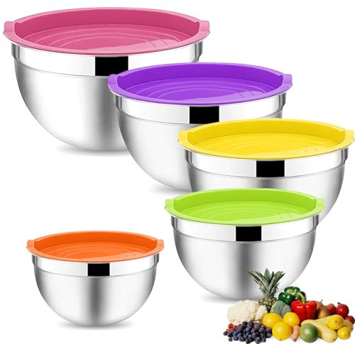 Ausune 5 Pcs Mixing Bowl Set, Stainless Steel Nesting Mixing Bowls Set, Salad Bowl with Lids for Kitchen Cooking Baking Supplies,Baking Salad Preparation Washing Vegetables