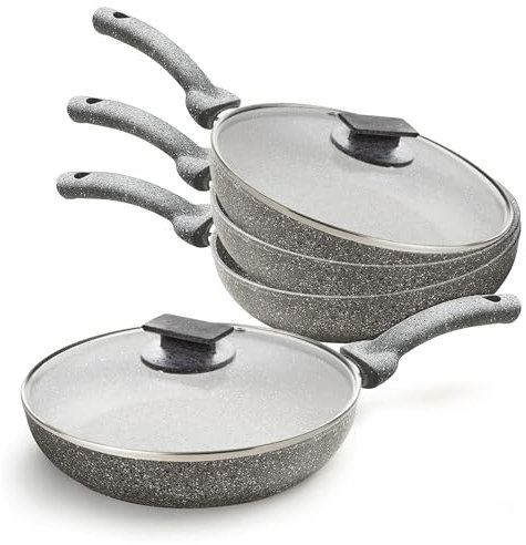 Sicignano | Set Padelle Cuore di Pietra Antiaderenti Alluminio Effetto Pietra, Fondo Universale per Induzione Gas Vetroceramica Elettrico Alogeno Radiante (Con Coperchio, 22/26/30 cm)