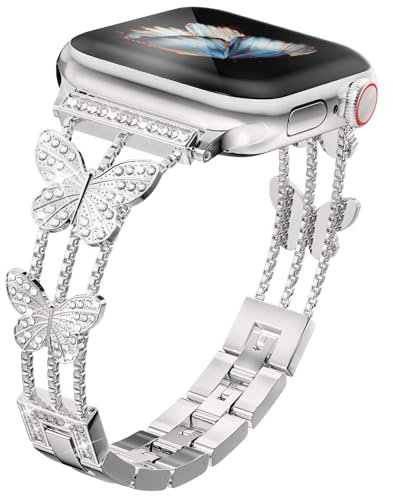 MaEiol Correa Metal para Apple Watch 41mm /40mm /38mm /42mm(Series 11/10) para Mujer, Repuesto Acero Inoxidable Cristales Purpurina Mariposa para iWatch SE/Series 11 10 9 8 7 6 5 4 3 2 1, Starlight