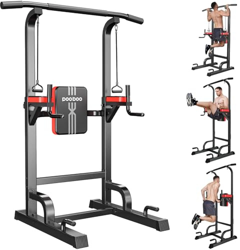 Pooboo Power Tower Dip Station Klimmzugstange für Fitness-Heimtraining, multifunktionales, höhenverstellbares Krafttrainingsgerät mit elastischen Seilen