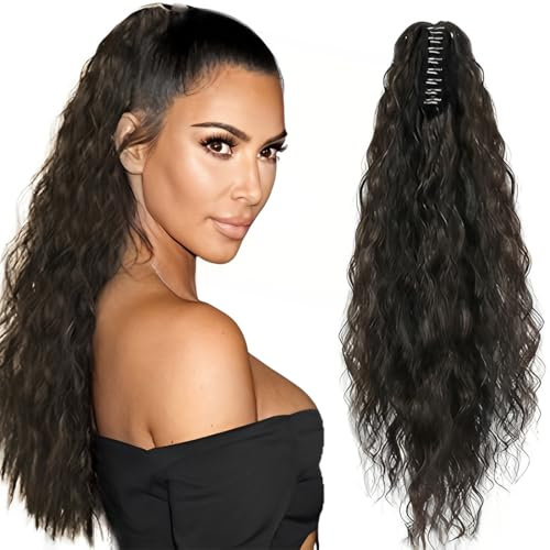 Ponytail Cheveux Naturel Pince Ponytails Extension Longue Bouclée Ondulée Postiche Queue de Cheval Extension Naturel Brun Foncé Synthétique Rajout Cheveux pour Femmes 50 cm
