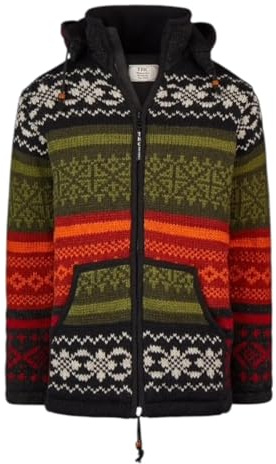 THC Natural Line Handgefertigte Schafwolljacke Damen & Herren – Strickjacke mit Buntem Ethno-Muster & Fleece-Futter – Bunte Muster 827 – Warme Wolljacke mit Abnehmbarer Kapuze