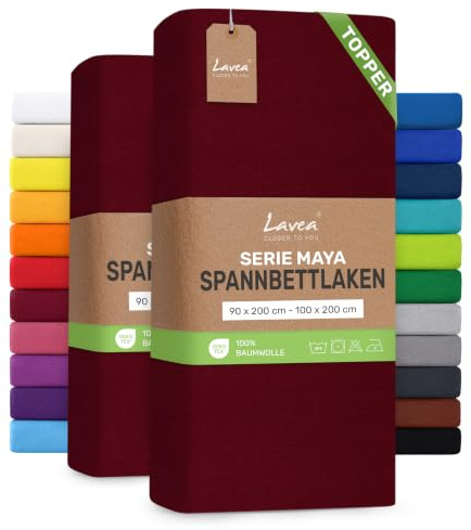 Lavea® 2er Pack Topper Spannbettlaken 90/100x200cm – Bordeaux | 100% Baumwolle Jersey – Für Topper bis 10 cm Höhe – Weich, Formstabil und Langlebig