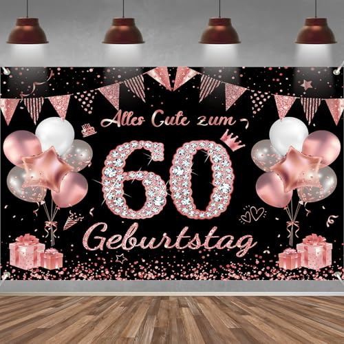 60. Geburtstag Banner Frauen Deko Roségold Schwarz 60 Geburtstag Hintergrund Banner, Extra Große Stoff Schild Poster für 60. Geburtstagsparty Deko, 210x150 cm