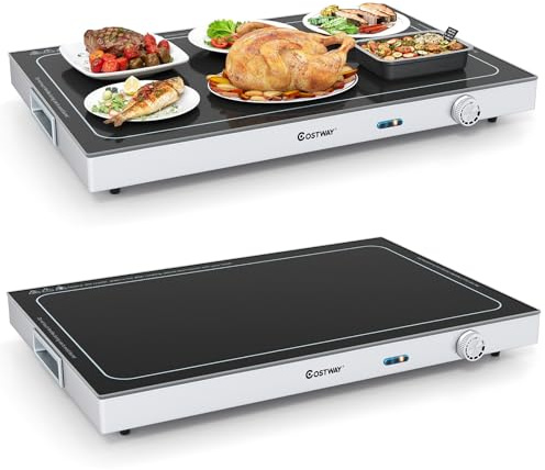 COSTWAY Warmhalteplatte elektrisch, Speisewärmer mit Gehärteter Glasoberfläche und Thermostat bis 120℃, Warmhaltegerät Buffetwärmer Edelstahl für Buffets, Partys 56,5 x 37 cm