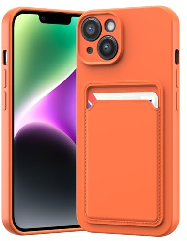LVVFEI Coque iPhone 14 6,1 Pouces 2022 avec Porte-Cartes, Coque Silicone TPU Anti-Choc Intégrée, Housse avec Fente pour Carte Finition Mate, Orange