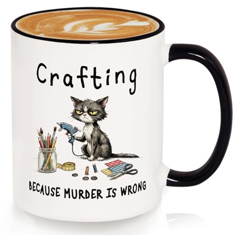 SteadStyle Funny Crafting Lover Gifts for Women Men Cat Coffee Mug 325ml | Crafting Because Murder Is Wrong Cup, Sewing & DIY Gifts for Crafters, White Elephant, Birthday Gift, Christmas Gag Present