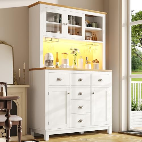 BTM Tall Kitchen Cabinet with LED and Drink Holders Freestanding Buffet Sideboard Larder Cupboard with Worktop, White