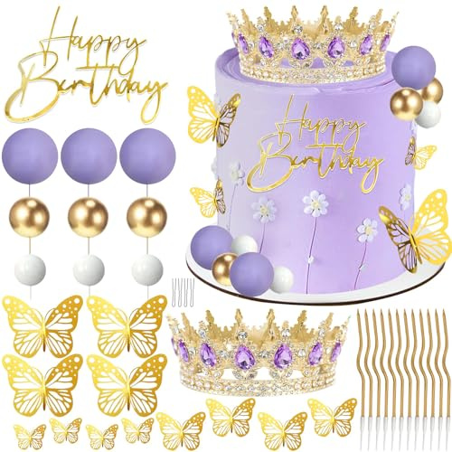 VelvetGlow Kronenkuchenfigur, Kugeln Happy Birthday Kuchenfigur, rote Kronen Geburtstagskerzen, goldene Schmetterlinge, Corona para Pastel, Kuchendekorationen für Geburtstag Hochzeit(Gold, Lila)