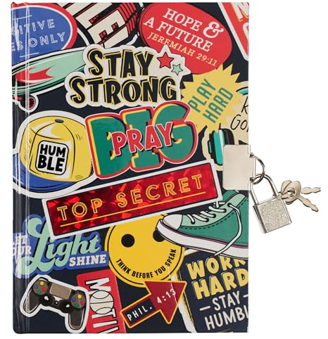 Secret Diary with Lock/Keys, Boys Interactive Christian Blue Journal with Writing Prompts Teen, Tween Be Strong Joshua 1:9 Bible Verse