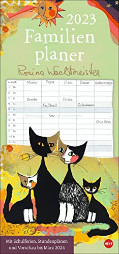 Rosina Wachtmeister Familienplaner 2023. Familienkalender mit 5 Spalten. Kunstvoll illustrierter Wandkalender mit Schulferien und Stundenplänen.
