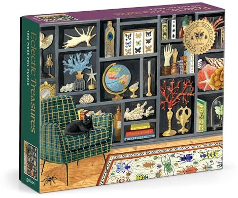 Galison Eclectic Treasures – 1000 Piece Foil Jigsaw Puzzle Featuring Intriguing Artwork Of An Eclectic Bookshelf Setting