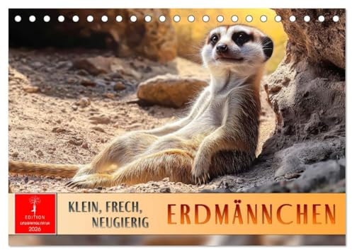 Erdmännchen - klein, frech, neugierig (Tischkalender 2026 DIN A5 quer), CALVENDO Monatskalender: Erleben Sie Wüstenwächter mit ihrem putzigem Charme. (CALVENDO Tiere)