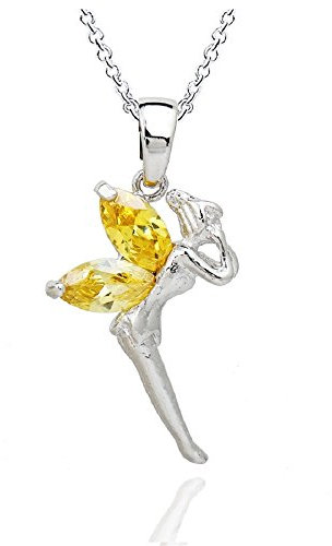 Crystalline Azuria Femme Collier avec Pendentif Fée Clochette 18ct Plaqué Or Blanc avec Cristaux Jaune imitation Citrine en Zircone