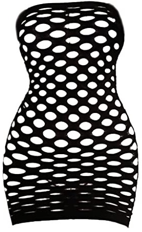 VicSec Mujer Malla Lencería Una Pieza Negro, Sexy Mini Vestido de Tubo Fishnet Babydoll Ropa Interior de Dormir Transparente Talla Única Camisa Sin Tirantes (Malla Grande)