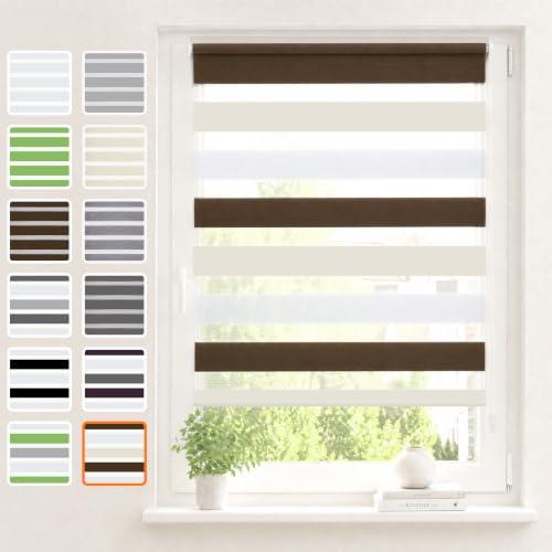 Vkele Doppelrollo Klemmfix ohne Bohren, Weiß Beige Braun 110×130 cm (BxH) | Lichtdurchlässig & pflegeleichtes Klemmrollo, Sonnenschutz & Sichtschutz, Duo Rollos für innen Fenster & Türen ohne Bohren
