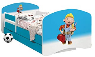 HappyBabies - Doppelseitiges Kinderbett MIT SCHUBLADE Modernes Design mit sicheren Kanten und Absturzsicherung Schaumstoffmatratze 7 cm Blau (Bob der Baumeister, 160x80)