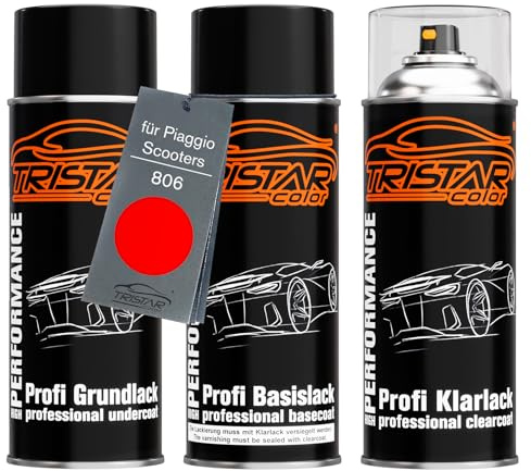 TRISTARcolor Bombolette di Vernice per moto per Piaggio 806 Rosso Corsa +1K | per Piaggio Scooters, Kit vernice di fondo + base + trasparente, bombolette spray 400ml