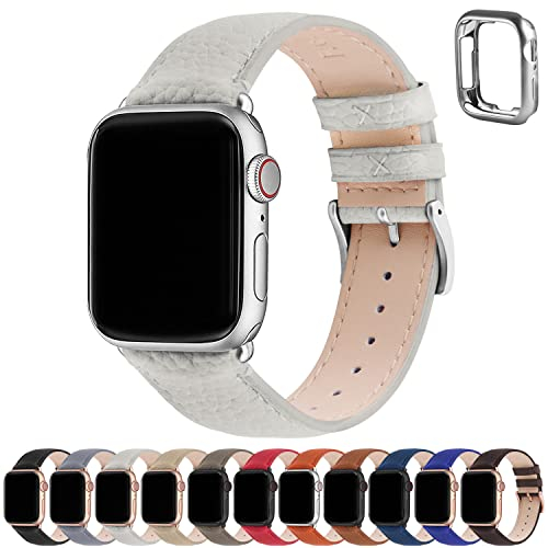 Fullmosa Cinturino Apple Watch Ultra 2 45mm/44mm/42mm/49mm, LichiBosin Cinturini in Pelle per Apple Watch Serie 9 8 7 6 5, Apple watch SE 2/ SE/Ultra, Per Uomo e Donna, Bianco Avorio + Fibbia Argenta