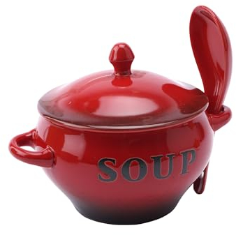 CGB Giftware | Red Soup Bowl and Spoon Set in Gift Box | Country Farmhouse Chic | 350ml Capacity | JK778RED