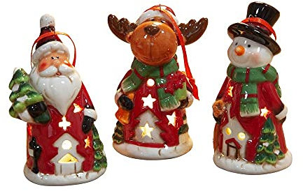 Set of 3 Led Hanging Christmas Tree Ornaments Santa Reindeer Snowman Ceramic