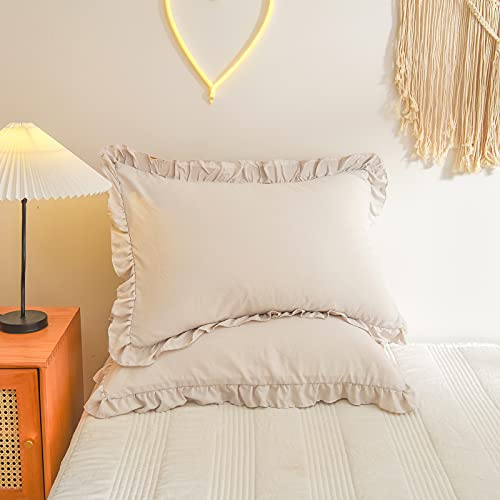 Herside Beigefarbene Kissenbezüge, 2 Stück, Beige / Grau, Rüschen-Kissenbezüge, Shabby-Chic-Stil, Rüschen, Spitzendesign, weiche Mikrofaser, Boho-Kissenbezug, 2er-Set, 50 x 75 cm