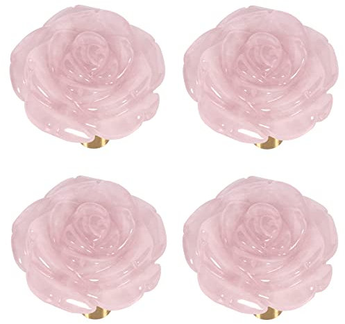 mookaitedecor Set of 4 Natural Rose Quartz Pink Crystal Drawer Pulls and Knobs with Screws, Decorative Floral Rose Flower Stone Knob Handles for Cabinet Cupboard Kitchen Door Dresser