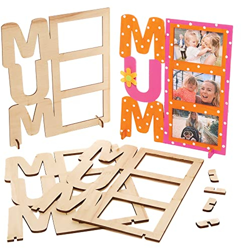 Baker Ross FX510 Holzfotorahmen „Mum”- 4er-Pack, Holzbastelpackungen für Kinder zum Bemalen