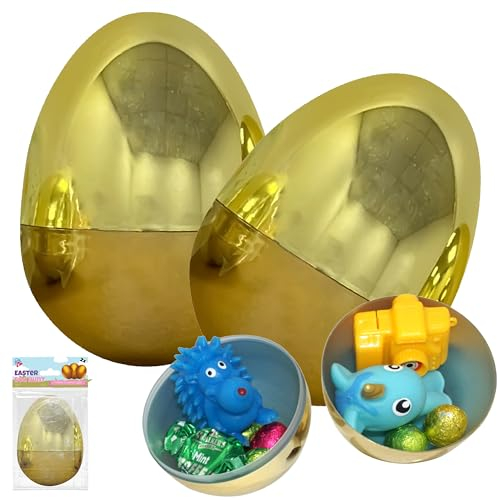 HOVUK 2x Easter Fillable Golden Jumbo Egg, 10cm Large Plastic Surprise Easter Egg for Filling Candies, Chocolate Toys and Surprises, Hunting Party Favours, Easter Basket Stuffer
