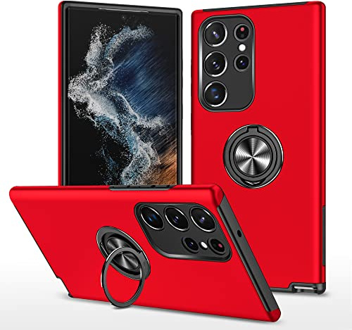 EYZUTAK Coque pour Samsung Galaxy S23 Ultra - Rotation à 360 degrés - Anneau magnétique en métal - Support intérieur en silicone avec protection de l'appareil photo - Rouge