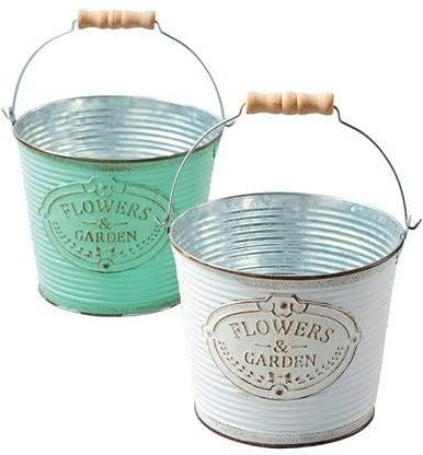 CREAFLOR HOME 2er Set Pflanztopf Zink-Eimer mit Henkel Ø16,5cm H15cm grün weiß Metall